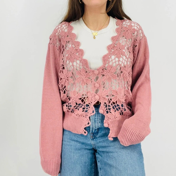 Vintage Sweaters - vintage dusty rose pink crocheted ramie cotton blend cardigan sweater cottage L